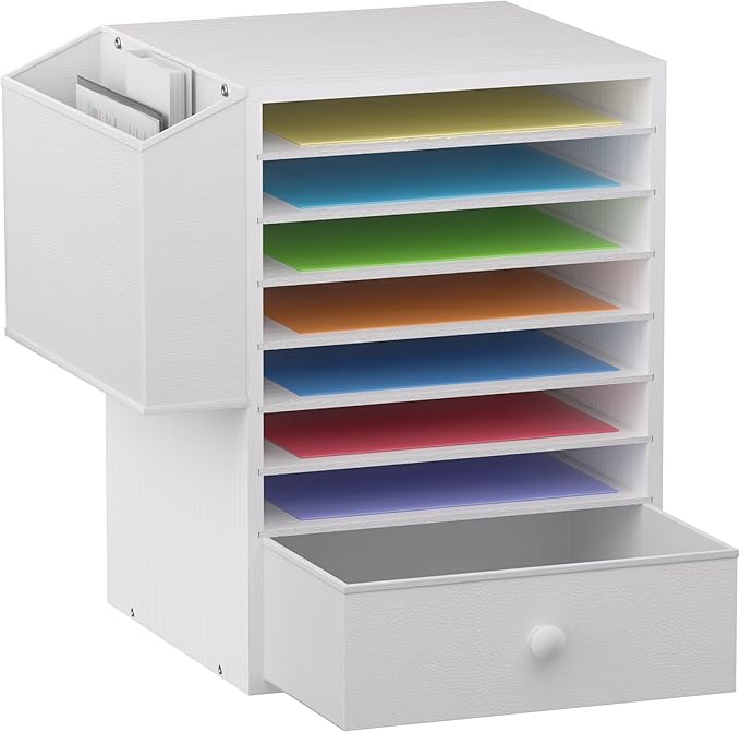 7 Tier Adjustable Countertop Mail Sorter with Drawer, Office Mailboxes With Name Slots, 12 X 12 Paper Storage Slot, Office Desk File Organizer, Wooden Desktop Mailbox For Classroom, White