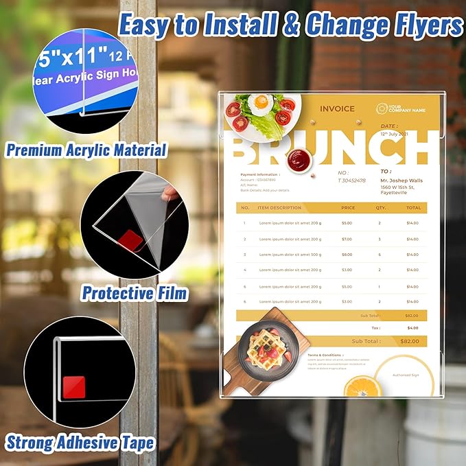 12 Pack Acrylic Sign Holder 8.5 x 11, Clear Plastic Wall Sign Holder with Adhesive Tape Wall Mount Display Stand Paper Holder for Menu, Office, Home, Store, Restaurant No Drilling Needed