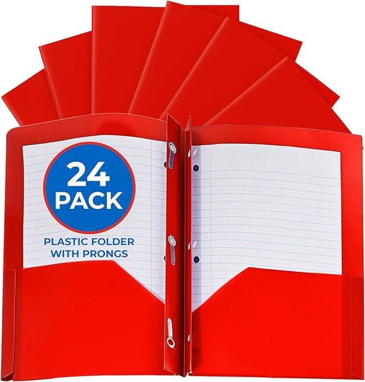 24 Pack Red Plastic Folders with Pockets Heavy Duty. 2 Pocket Folder with Prongs Bulk. Tear-Resistant Letter Size 8.5x11. Presentation Ready School and Office Supplies