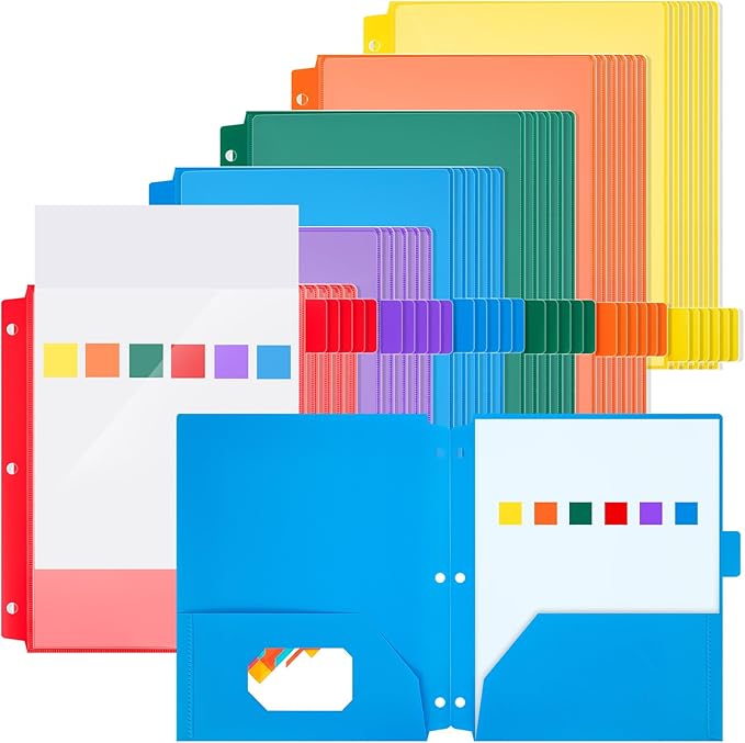 Honoson 30 Pcs Plastic Folders with Clear Front Pocket 3 Hole Punched Folders for 3 Ring Binder 1/6 Cut Tabs for Office Classroom (Bright Colors)