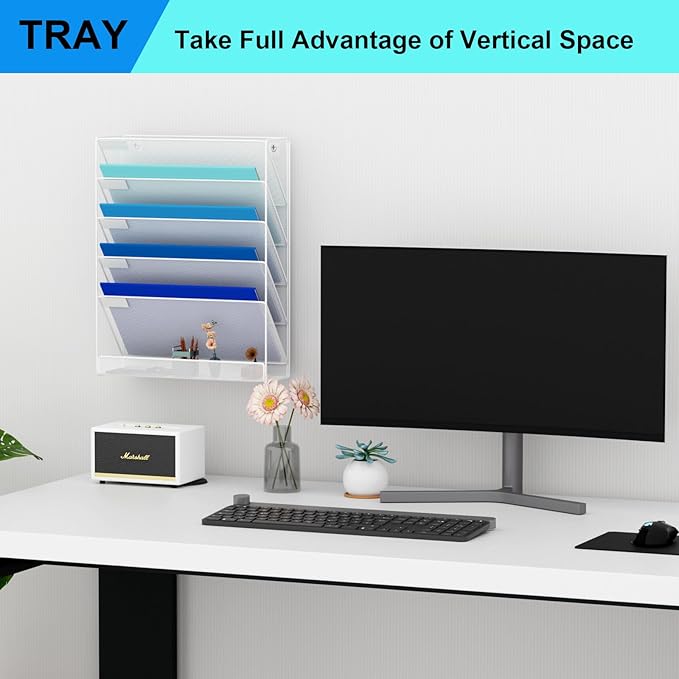 Wall File Organizer Holder Mesh Hanging Paper Document Holder,Vertical 6 Pocket Tier for Office Home, White