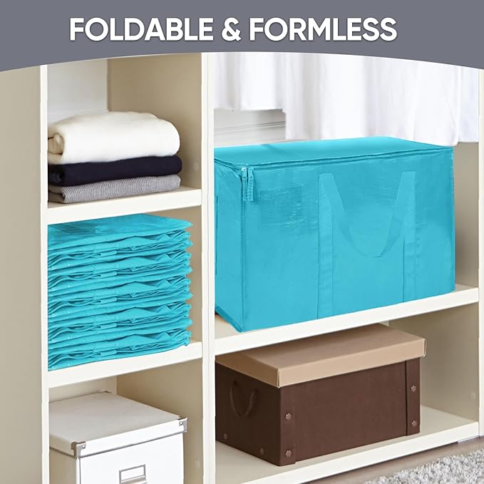 TICONN 4 Pack Extra Large Moving Bags with Zippers & Carrying Handles, Heavy-Duty Storage Tote Moving Boxes for Space Saving (4 Pack, Aqua)