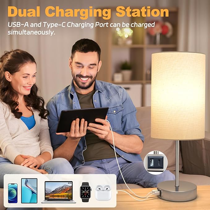 AKASUKI 18Inch Table Lamp with Dual Charging Station, 3 Way Dimmable Touch Lamp for Bedroom, Living Room, Office(LED
