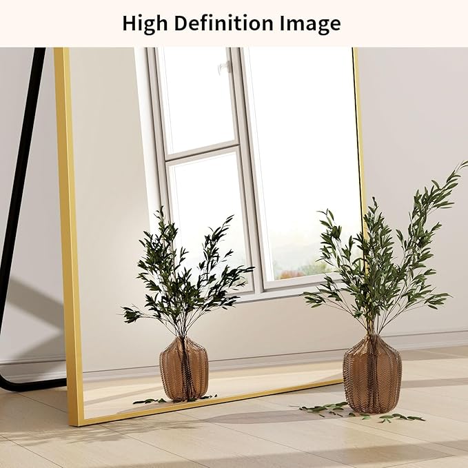 Full Length Mirror with Stand 34"x76" Full Body Mirror Floor Mirror Standing Hanging or Leaning Wall, Wall Mirror with Stand Aluminum Alloy Frame for Living Room Bedroom Cloakroom,Gold