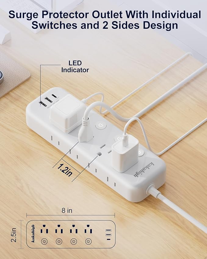 10FT Heavy Duty Extension Cord with Individual Switches on Off, 1875W Appliance Extension Cord with USB Ports, 8 outlets, High Wattage for Microwave, Aquarium, Kitchen, Garage Must Have