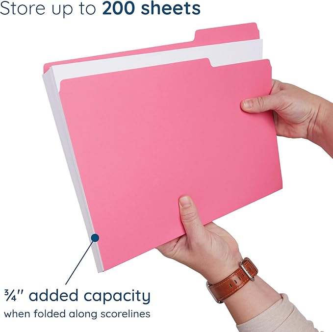 100 Blue Summit Supplies Pink File Folders, Letter Size with 1/3 Tab, Durable 11pt Paper, Pink File Folder 100 Pack, Holds Letter Size Documents