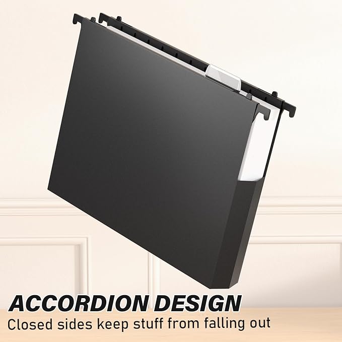 Extra Capacity Expanding Hanging File Folders,2" Plastic Accordian Pocket with Black Insert Gasket,Heavy Duty for Filing Cabinet, Hard and Durable Hang Folders Organizer, Black,Letter Size - 12 Pack