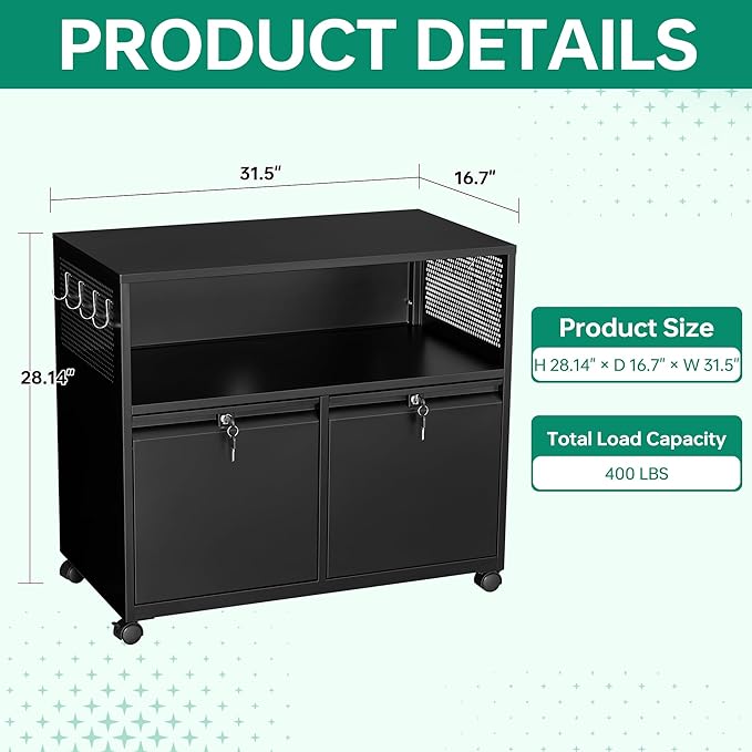 Letaya Mobile 2 Drawer File Cabinet with Lock, Metal Lateral Printer Stand Filing Storage Cabinets with Shelves for Home Office-A4/F4/Letter (Black)