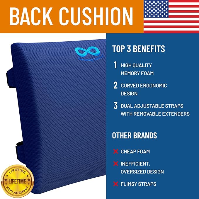 Everlasting Comfort Lumbar Support Pillow for Office Chair - Memory Foam Back Cushion for Car Seat - Promotes Better Posture, Back Pain Relief - Ideal Gaming and Desk Chairs Work and Home Essentials