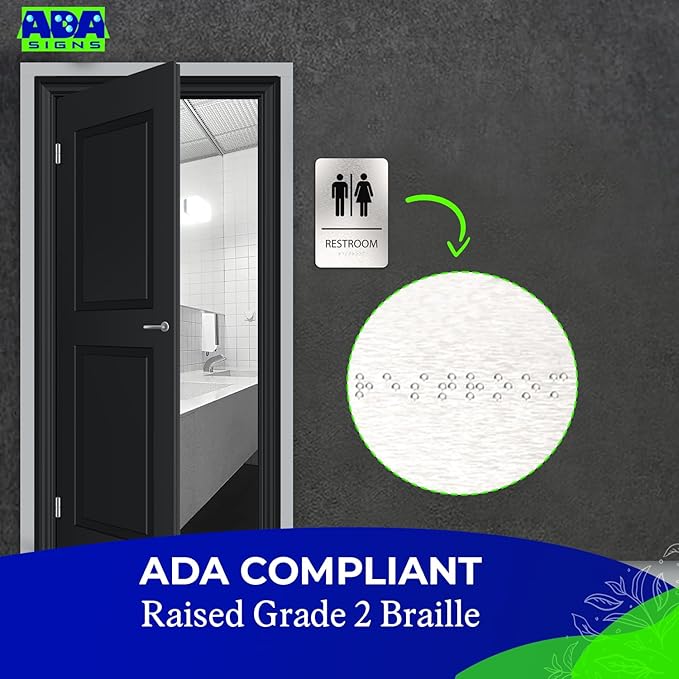 ADASigns Unisex Restroom Sign – 6" x 9" Durable Brushed Aluminum with Braille – Easy Installation with Strong Adhesive Tape – Weatherproof, ADA Compliant Bathroom Sign for Home, Office, & Business