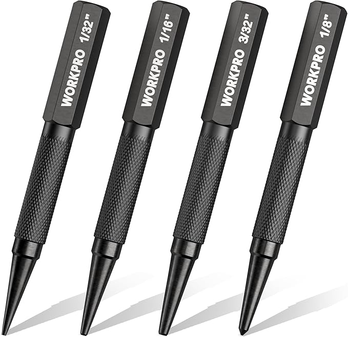WORKPRO 4-Piece Nail Punch and Center Punch Set, Hardened Cr-V Steel with Knurled Grip,1/32", 1/16", 3/32" Nail Setter & 1/32" Center Punch Tool