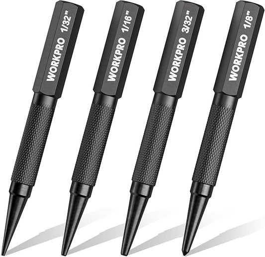 WORKPRO 4-Piece Nail Punch and Center Punch Set, Hardened Cr-V Steel with Knurled Grip,1/32", 1/16", 3/32" Nail Setter & 1/32" Center Punch Tool