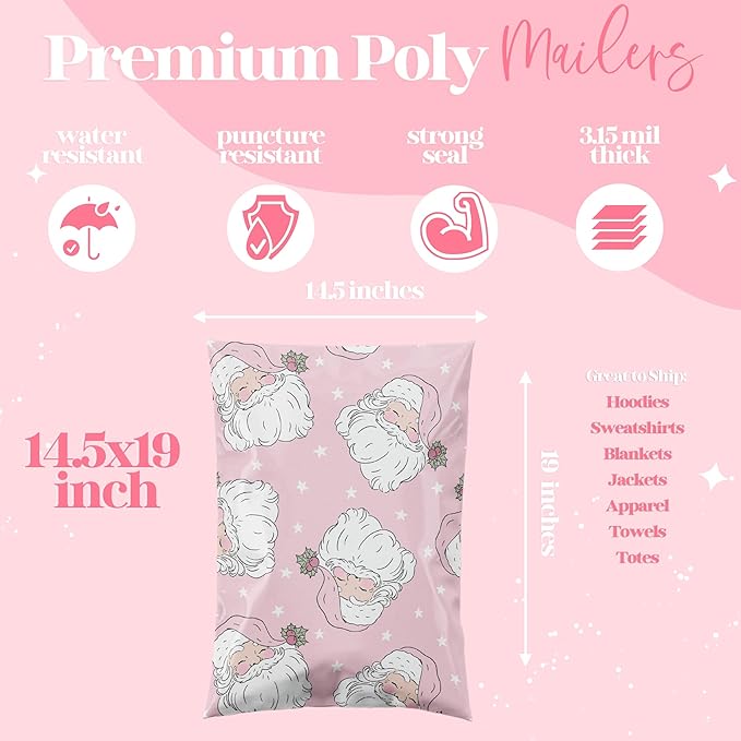 10x13 Designer Christmas Holiday Poly Mailer 100 Pack Heavy Duty Waterproof Self Seal Shipping Bags Large Mailing Envelopes Bulk Tear Resistant Cute Packaging Pink Santa