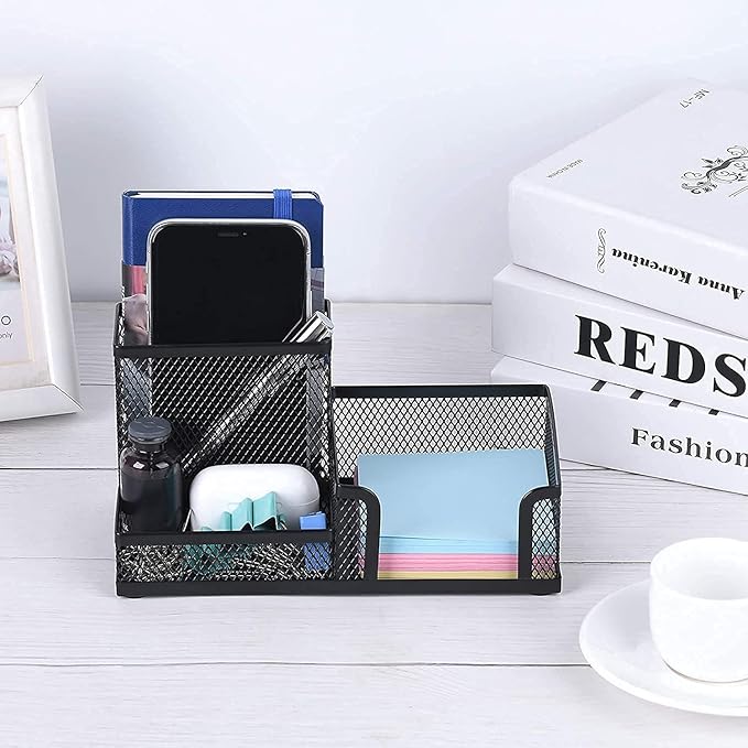 Desk Pencil Holders Desk Organizer Office Supplies Caddy with Sticky Notes Holder for Office School Home 3 Compartments Black
