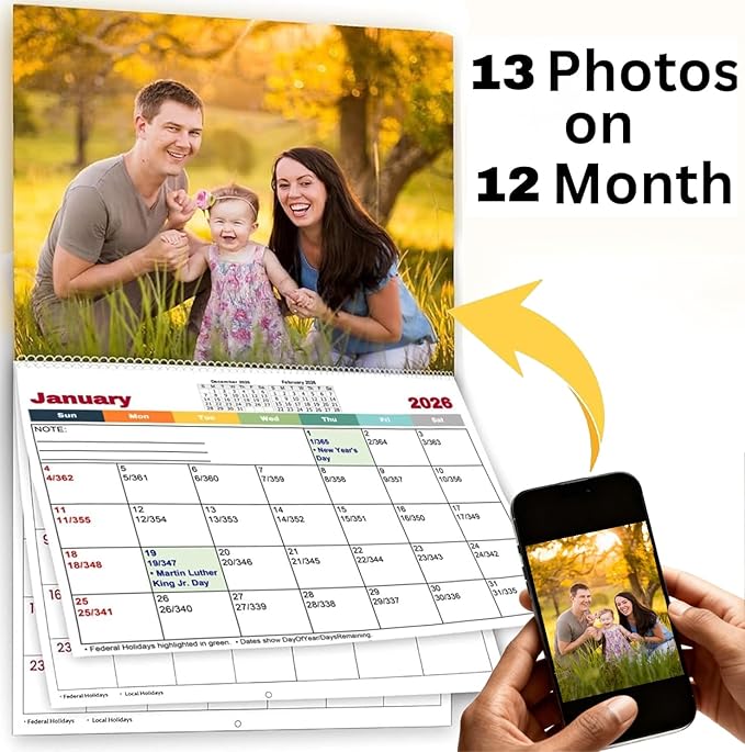 Custom Photo Wall Calendar 2026 - Personalized Family & Office Photo, Print Your 13 Memories Custom - Perfect for Parties, Birthdays & Christmas Gifts (Wall Calendar 11"×17", 3 x Calendars)