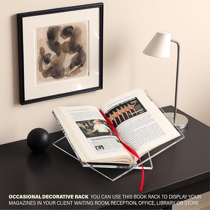 Large Clear Acrylic Book Stand for Reading and Display, Foldable Book Holder for Cookbooks, Art Books, Bibles, Magazines Open Book stand for Kitchen, the front stopper helps prevent books from sliding