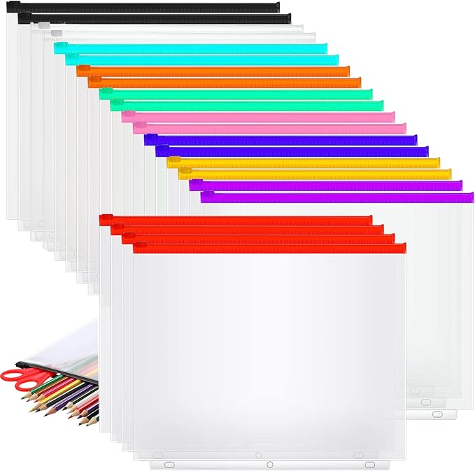 40 Pieces Binder Pockets 3 Hole Zipper Pouch 3 Ring A4 Pockets with Zipper Binder Folders Plastic Pouches Loose Leaf Bags Waterproof PVC Document Filing Bag (Colorful)