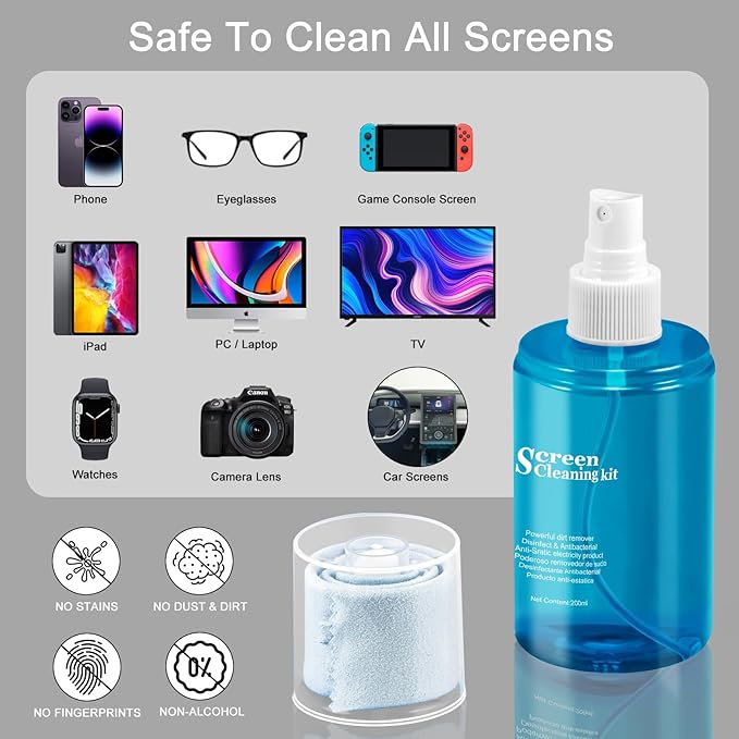 Car Screen Cleaner Spray, walrfid TV Computer Laptop Touchscreen Mist Cleaning Kit Wipe for CD Disc DVD VCD, Electronic Cell Phone iPad iPhone MacBook Pro Tablet Monitor LCD LED Flat Screens