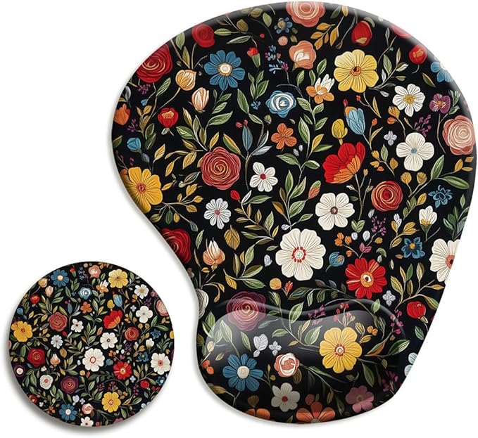 Ergonomic Mouse Pad with Wrist Support,Mouse Pad with Wrist Rest and Coaster Set,Office Supplies Non-Slip Mouse Pads for Desk, Non-Slip Comfortable,Black Floral