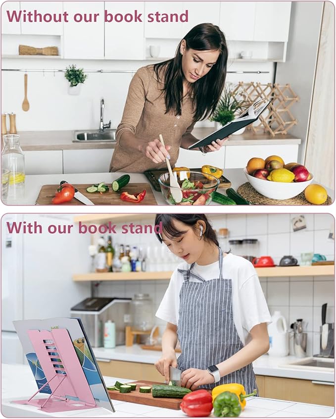 MSDADA Desk Book Stand Metal Reading Rest Book Holder Adjustable Cookbook Documents Holder Portable Sturdy Bookstands for Recipes Textbooks Tablet Music Books with Page Clips (Light Pink)