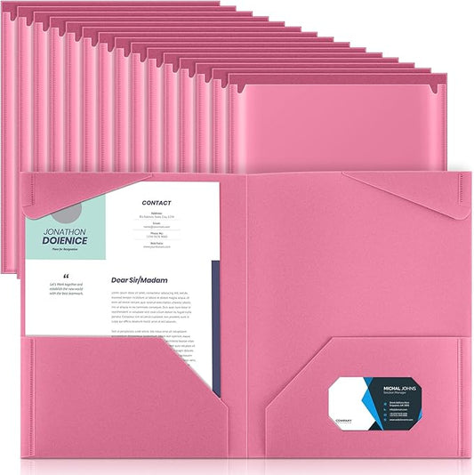 Henoyso 36 Pcs Plastic Folders with Clear Front Pockets Heavy Duty File Folders with 2 Pockets and Card Slot for Student Communication School Office Presentation Report (Pink)
