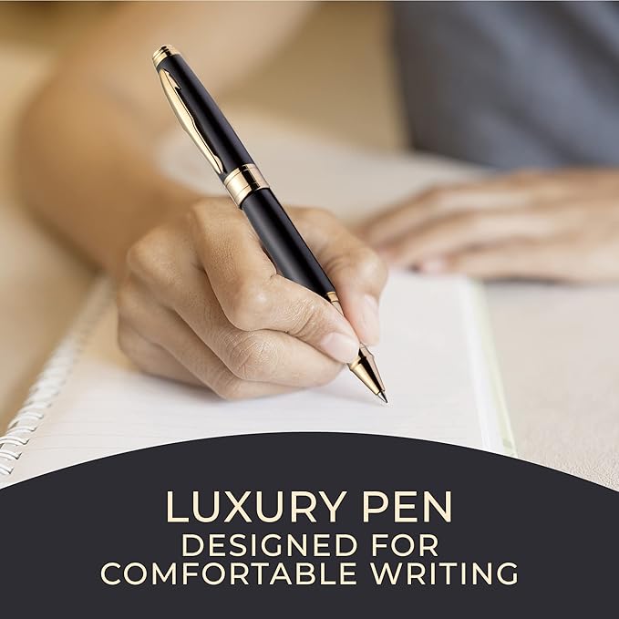 ZenZoi Luxury Pen For Men & Women W/Fine Tip Rollerball – Elegant Matte Black Executive Pen Gift Set W/Gold Trim, Quality Black Matte