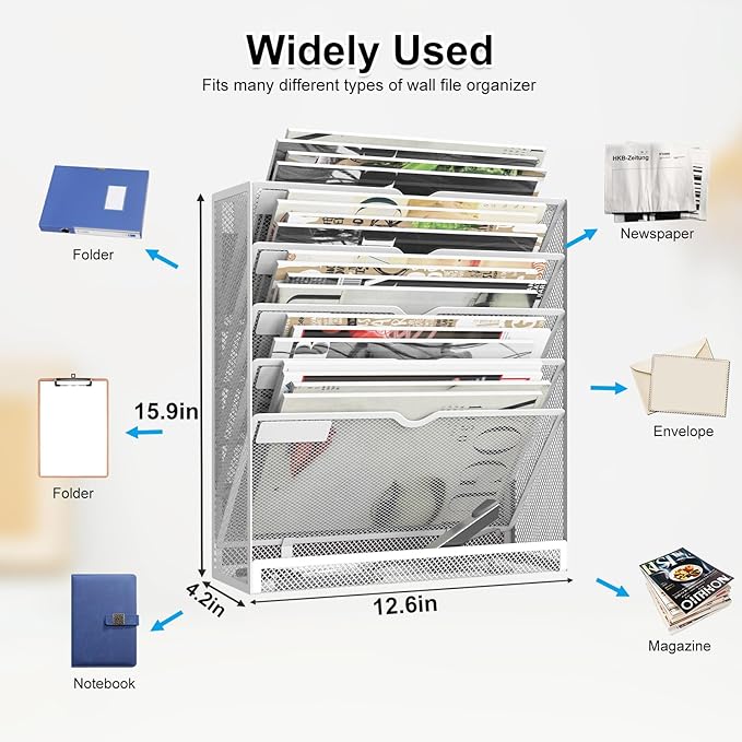 6 Tier Magnetic File Holder, Large Capacity Mesh Hanging Wall Organizer Vertical Magnetic Hanging File Organizer, Magnetic File Folder Holder for File Cabinets, Office, Whiteboard (White)