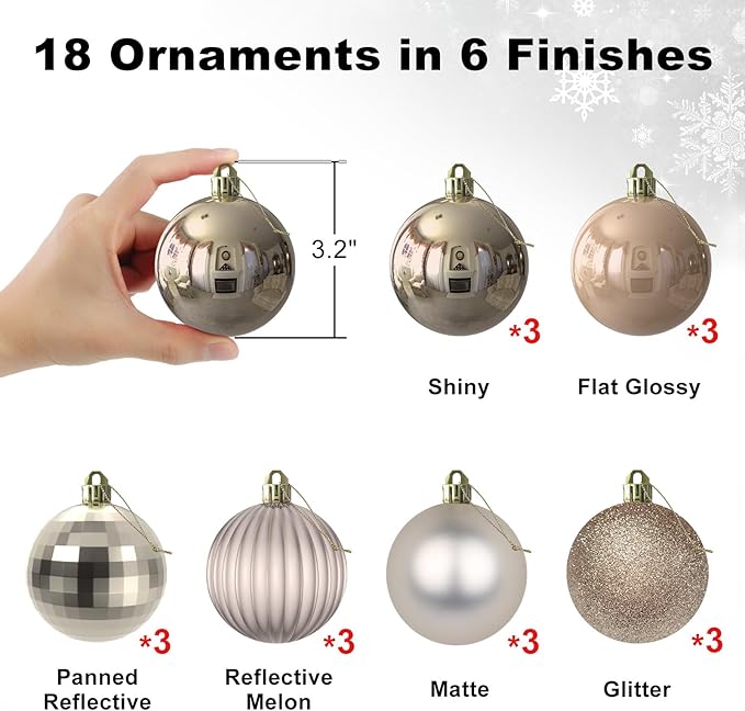 Champagne Gold 3.2" Large Christmas Balls - Christmas Tree Decoration Ornaments Shatterproof Hanging Balls for Birthday Halloween Holiday Wedding Decorations Set of 18pcs