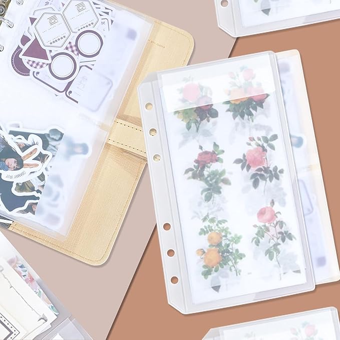 Binder Pockets, 16pcs A5 Size 6 Holes Binder Pockets, [Waterproof PVC Pouch] Premium Clear Binder Zipper Folders Document Filing Bags for 6-Ring Notebook Binder Loose Leaf Bags, Clear