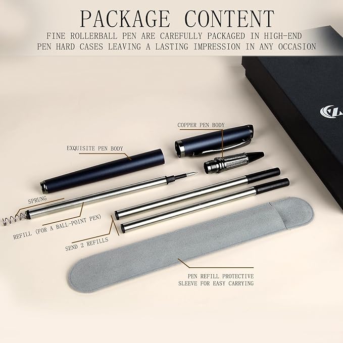 Liquid Ink Rollerball Pen,Luxury pen,Nice pen Metal pen Smooth writing stylish design effortless writing,fancy pens with gift case metal pen for Men & Women with 2 Refills-Blue