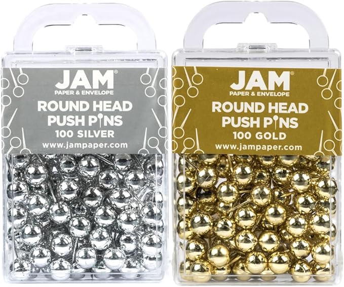 JAM PAPER Colorful Push Pins - Round Head Map Thumb Tacks - Silver & Gold Pushpins - 2 Packs of 100