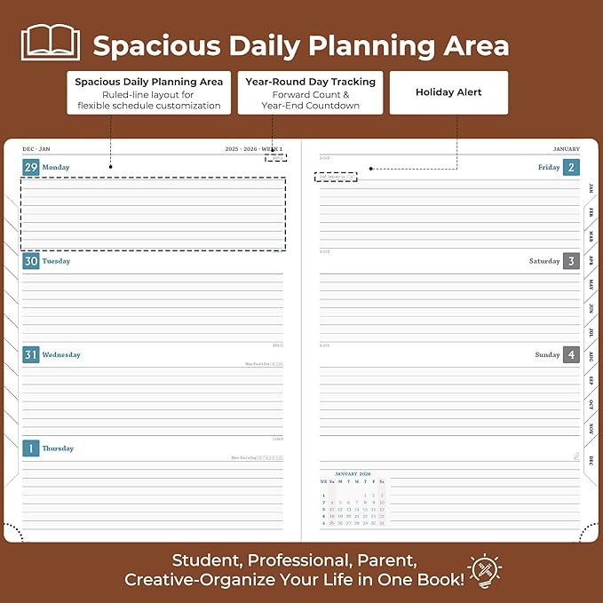 Planner 2026 Daily Weekly and Monthly,11.5"x8.5",12 Months Spiral Bound Calendar Agenda with Self-adhesive Pen Holder,2026 Appointment Book with Vegan Leather Soft Cover,Brown