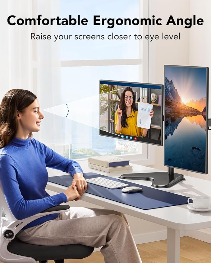 HUANUO 32 inches Dual Monitor Stand up to 17.6lbs per Arm, High-Grade Aluminum Free-Standing Dual Monitors Mount for 2 Screens. Fully Adjustable Dual Monitor Stand for Desk with Tilt, Swivel, Rotation