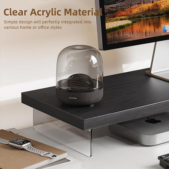 Monitor Stand Riser, Wood & Acrylic Computer Monitor Stand Desk Desktop Organizer Table for Home, Office Workspace, Laptop Riser, Printer, PC & TV Screen Riser