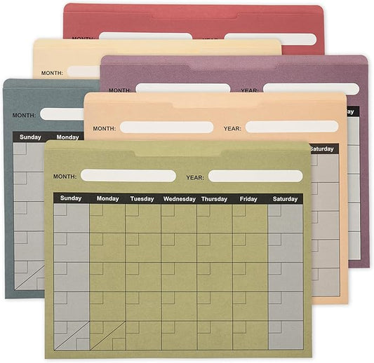 Y YOMA 6 Pack File Folder Jackets Letter Size Paper Pocket File Folder with Reinforced Straight-Cut Tab Pre-Printed Job Folders No Expansion Organizer for Office, Assorted Colors, Calendar Design