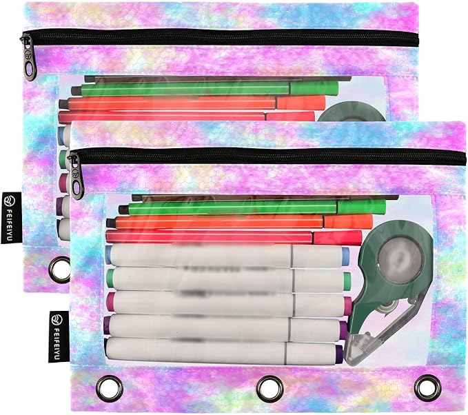 ALAZA Pencil Pouch for 3 Ring Binder, Watercolor Gradient Tie Dye Binder Pencil Pouches with Clear Window Zipper Pencil Case Cosmetic Bags for Office College Supplies, 2PCS