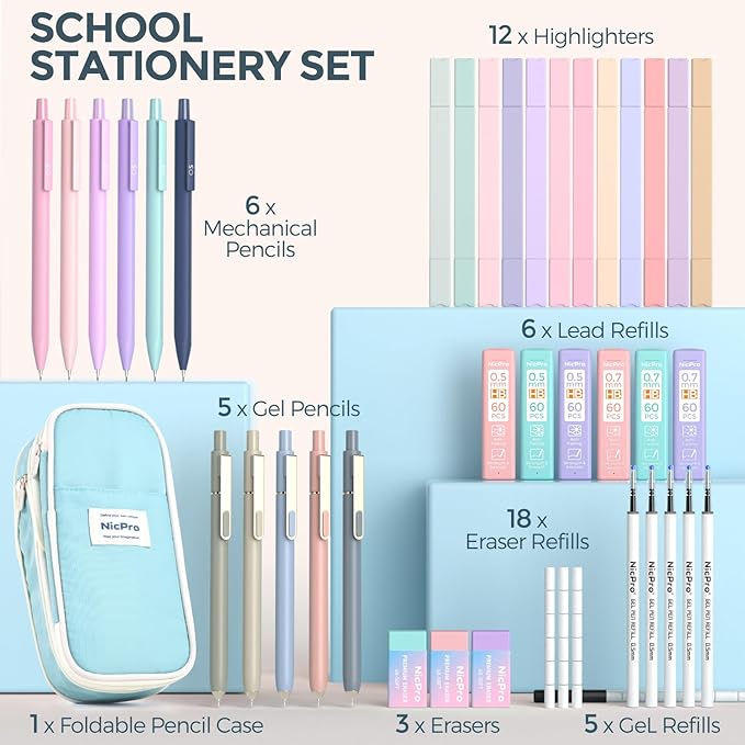 Nicpro 39 PCS Aesthetic School Supplies with Cute Pen Case, 12 Pastel Highlighters, 5 Black Ink Gel Pens, 6 Mechanical Pencils Set 0.5 & 0.7mm for Students Stationary College Essentials (Blue)