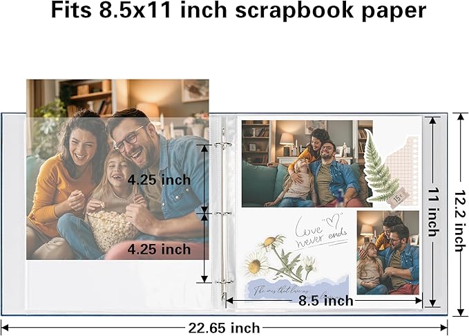 Vienrose Scrapbook 8.5x11 Inch Large 3 Ring Binder Photo Album, Linen Cover DIY Scrap Book with 30 Sheets Plastic Sleeves 60 Pages Blank White Inner Pages for Wedding Birthday Baby Travel Blue