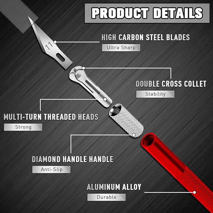 DIYSELF 2 Pack Exacto Knife Set, Precision Knife for Paper, Carving Blades for Crafts, Craft Knife for Wallpaper, Art Knives, Hobby Knife with 20 High Carbon Steel Exacto Knife Blade #11(Red)