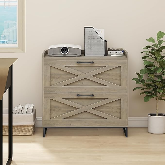 File Cabinet 2 Drawers, Lateral File Cabinet with Charging Station for Letter/Legal/A4 Size Hanging Files, Large Wood File Storage Cabinets Printer Stand for Home Office, Washed Gray