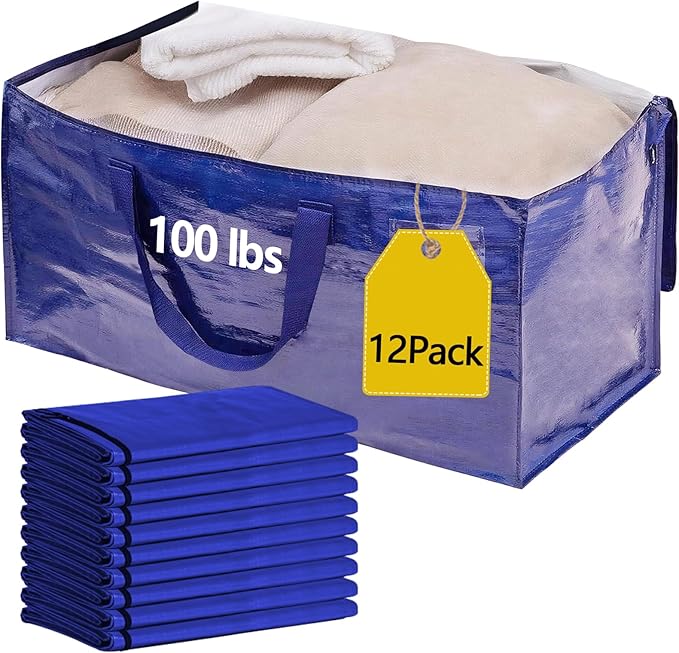 12 Pack Waterproof Moving Bags with Strong Zippers and Reinforced Handles, Real 100lb Capacity Extra Heavy Duty Large Storage Totes for Packing & Moving Storing, Alternative to Moving Boxes -95L,Blue