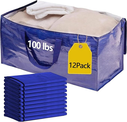 12 Pack Waterproof Moving Bags with Strong Zippers and Reinforced Handles, Real 100lb Capacity Extra Heavy Duty Large Storage Totes for Packing & Moving Storing, Alternative to Moving Boxes -95L,Blue