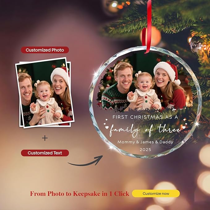 Personalized Family of 3 Christmas Ornament 2025 - Custom Ornament for First Christmas as a Family of 3 - Crystal Photo Ornaments Gifts for New Parents, Newborn, Baby Girl & Boy (3.15”)