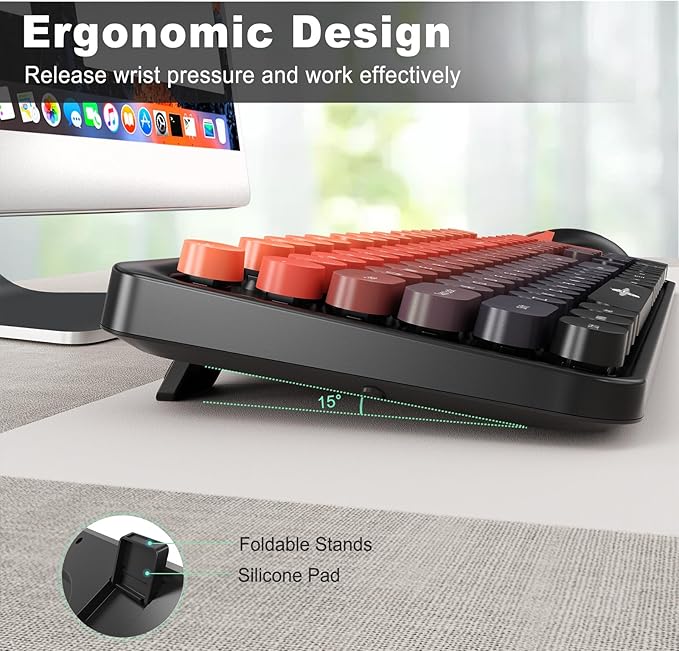 Wireless Keyboard and Mouse Combo, 104 Round Keys Cute Colorful Keyboard and Mouse with Retro Typewriter for PC/Mac/Laptop/Tablet/Computer/Windows Black Red