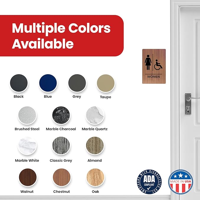 Promot Men and Women Handicap Restroom Sign – ADA Braille Bathroom Sign for Business, Self-Adhesive, 9" x 6", Commercial Door Signage, Office Wall Decor - Chestnut