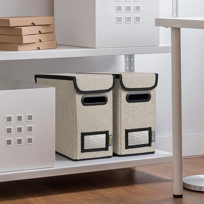 BALEINE File Organizer Box with Lid, Collapsible File Folder Organizer with Plastic Slide, Hanging File Folder Box for Office Document Storage (1 Pack, Beige, S)