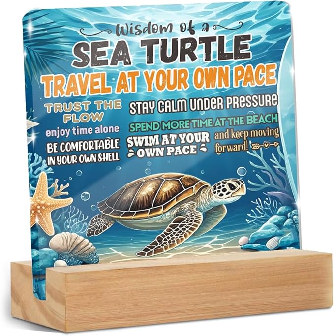 Sea Turtles Office Decor Sign, Sea Turtle Inspirational Gifts Clear Acrylic Sign With Wooden Stand, Thank You Gifts for Home Office Desk Decorative Signs for Tabletop Shelf Desk Accessories Decor