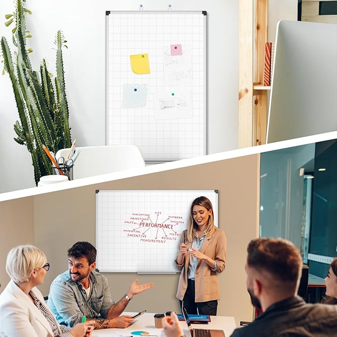 XBoard Magnetic Dry Erase Board with Lines 48 x 36 Inch, 4' x 3' Double Sided Hanging White Board Planner for Wall | Grid Lined White Board + Message Presentation Board