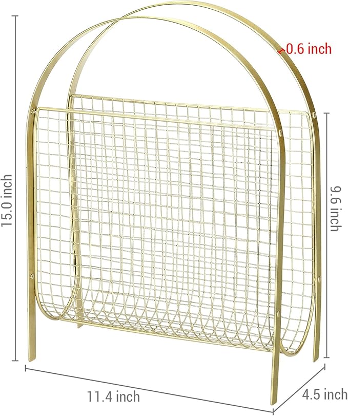 MyGift Mid-Century Design Magazine Rack, Matte Black Tone Metal Mesh Freestanding Magazine Organizer Holder Sling (Brass)