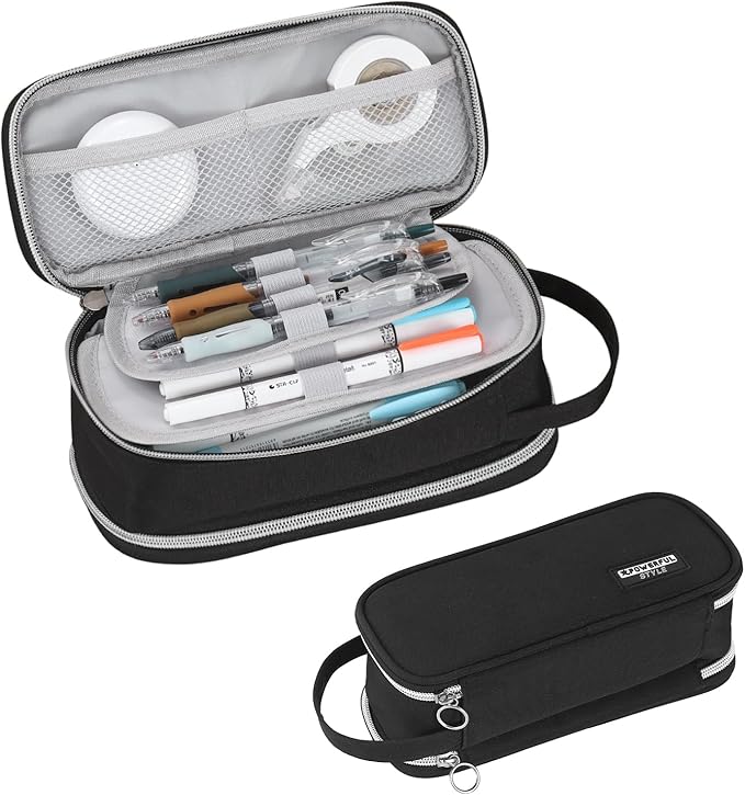 Pencil Case Large Zipper Pencil Pouch for Girls Kids Teens Adults Aesthetic Pencil Bag Stationery Organizer Pencil Case with Handle for School Black